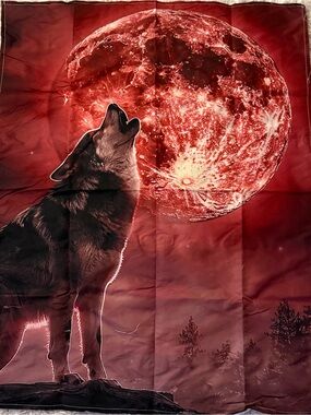 Red Moon Wolf Wall Tapestry - Dramatic Red Home Wall Decor